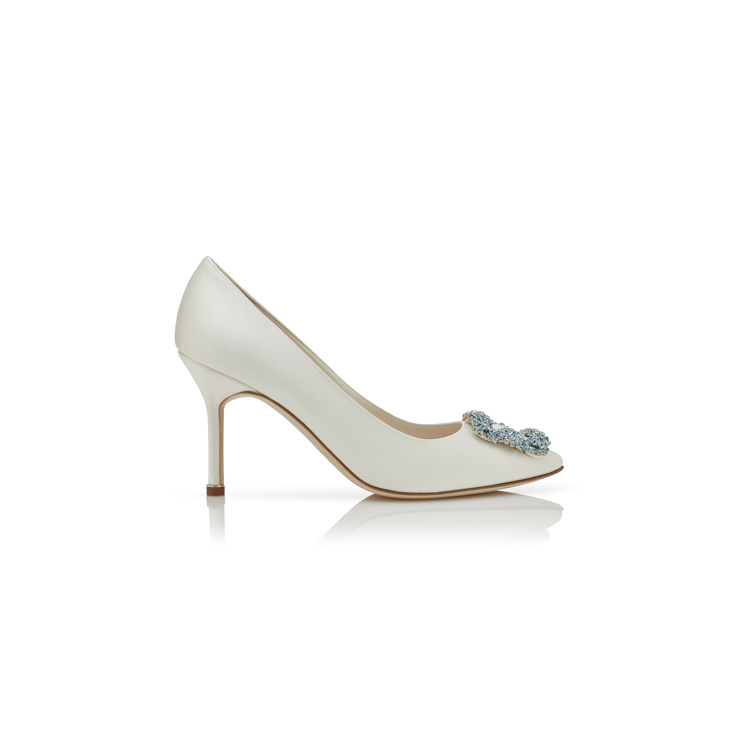 MANOLO BLAHNIK HANGISI BRIDAL 90 WHITE SATIN JEWEL BUCKLE PUMPS 421-1261-0001